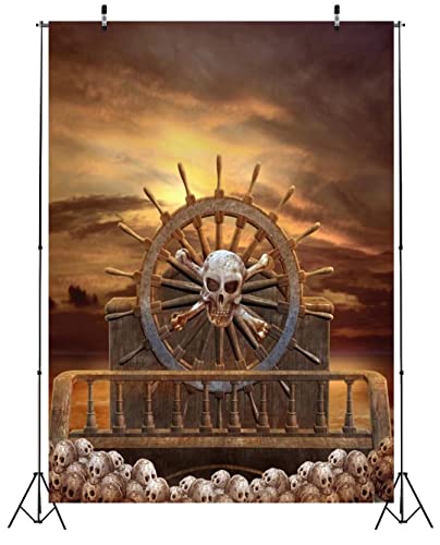 BELECO 3x5ft Fabric Pirate Backdrop - Halloween Decorations with Steering Wheel, Skulls, Gloomy Sky - Photography Background & Props for Kids & Adult Pirate Theme Party & Event - size: 3x5FT