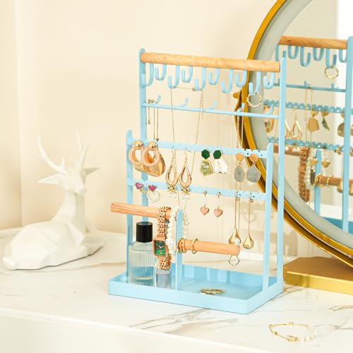 ProCase Jewelry Organizer Stand Necklace Organizer Earring Holder, 6 Tier Jewelry Stand Necklace Holder with 15 Hooks, Jewelry Tower Display Rack Storage Tree for Bracelets Earrings Rings -Blue - color: Blue