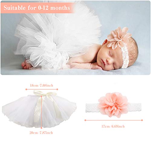4 PCS Newborn Photography Props Outfits-BabyTutu Skirt Cute Bow Headdress and Lace Rompers Flower Headband Sets for Infants Girl Boy White