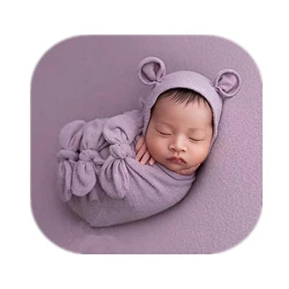 Newborn Baby Boy Girl Photography Props Bow Wrap, Posing Aid, Hat and Blanket Set of 4 Pcs - color: Dark Purple