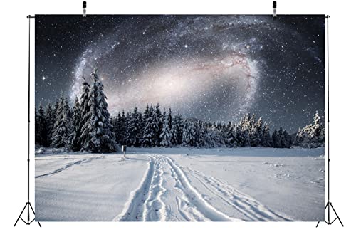 BELECO 6x4ft Fabric Winter Snowy Forest Night Photography Backdrop Galaxy Sky Stars White Snow Trees Wintry Scene Background for Christmas New Year Party Decorations Holiday Outdoor Photo Props - size: 6x4FT