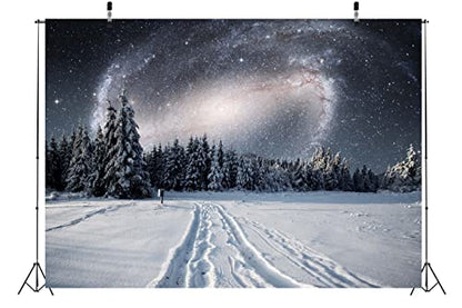 BELECO 12x8ft Fabric Winter Snowy Forest Night Photography Backdrop Galaxy Sky Stars White Snow Trees Wintry Scene Background for Christmas New Year Party Decorations Holiday Outdoor Photo Props - size: 12x8FT