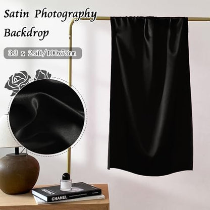 RUDONG M Satin Photography Backdrop 3.3x2.5ft - Wrinkle-Free Silky Fabric Background for Jewelry/Cosmetics/Flat Lay/Studio, Black Backdrop Cloth (100x75cm) - color: Black