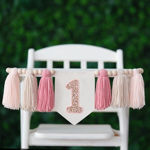 Handmade Boho Pink One High Chair Banner Girl for First Birthday Decorations Wall Hangings Wood Bead Tassel Garland 1st Party Decorations Cake Smash Photo Props - color: orange pink
