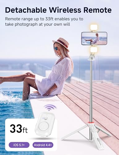 Selfie Stick Tripod with 2 Light, 3 Light Modes & 6 Brightness Levels Extendable Phone Tripod with Detachable Remote & Phone Holder, Portable Camera Tripod Compatible with iphone16 15 14 13/Android - color: White