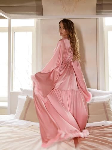 Feather Silk Satin Bridal Robe Long Wedding Scarf Illusion Bathrobe Sleepwear for Women Sexy Lingerie Nightgown - color: Blue, size: 4X-Large Plus