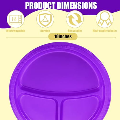 Umigy 100 Pcs 10 Inch 3 Compartments Divided Plastic Plates Bulk Colorful Disposable Heavy Duty Round Dinnerware for Party Valentine Wedding Birthday(Purple) - color: Purple