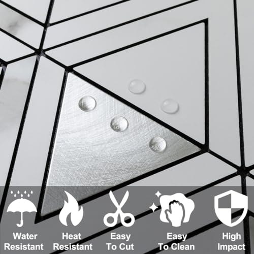 DICOFUN 10-Sheet White Marble Look Triangle Mosaic Tiles Peel and Stick Backsplash for Kitchen, PVC Mixed Metal Silver Chevron Stick on Backsplash Wall Tiles - color: White Marble and Metal Silver, size: 10 Sheets, 12"x12"x0.12"