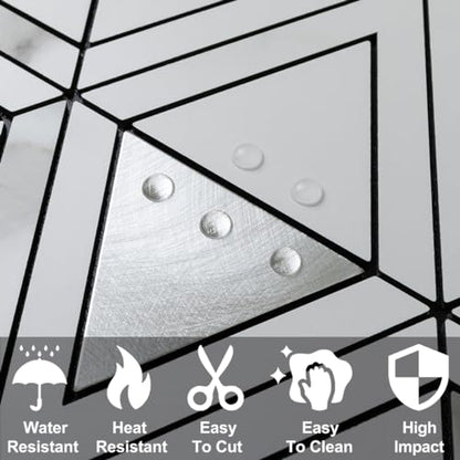 DICOFUN 10-Sheet White Marble Look Triangle Mosaic Tiles Peel and Stick Backsplash for Kitchen, PVC Mixed Metal Silver Chevron Stick on Backsplash Wall Tiles - color: White Marble and Metal Silver, size: 10 Sheets, 12"x12"x0.12"