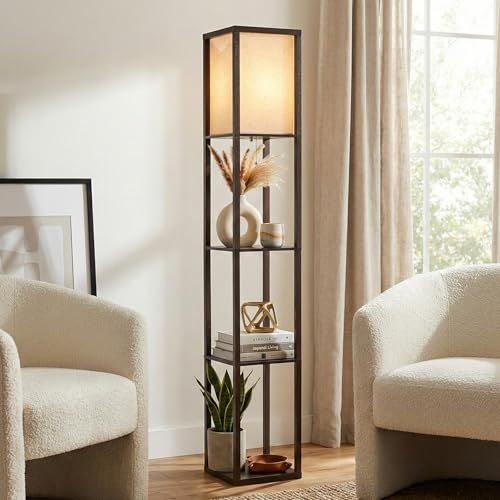 Brightech Maxwell - Modern Shelf Floor Lamp with Lamp Shade & Warm White LED Bulb, Corner Display Floor Lamp with Shelves for Living Room, Bedroom, Nightstand Office, Home Decor Storage - Havana Brown - color: Brown