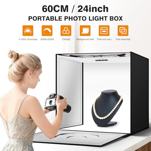 Light Box Photography 24"x24" with 240LED Lights and 4 Color Backdrops Photo Box with Lights, Foldable Light Box with Adjustable Brightness, 3000-6500K Dimmable Portable Picture Box Shooting - size: 24" with 3000-6500K