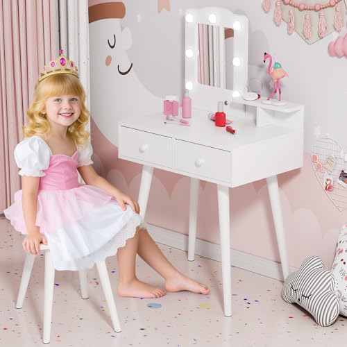 Arlopu Kids Vanity Set and Mirror, Wooden Pretend Play Vanity Table and Chair Set for Girls with Stool, Drawer, Princess Makeup Dress-Up Toy for Toddlers 3+Year Old (White) - color: White