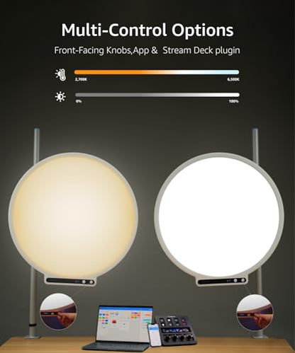 amaran Verge Max LED Video Light,60W Bi-Color 22in Circular Edge-lit Panel Light,APP Control with Desk Clamp Stand Dimmable Desk Light for Home Office, Gaming, Podcast, Live Streaming (White) - color: White