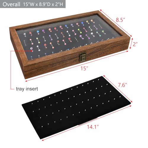 MOOCA Temper Glass Top Jewelry Display Case with Tempered Glass Lid and 54 Clip Body Jewelry Showcase Display Pad for Belly Button Rings, Tongue Rings, and Industrial Barbell Organizer, Brown Color - color: Black Pad with Brown Wood Case