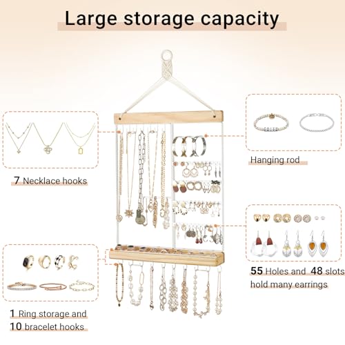 Mkono Hanging Jewelry Organizer Wall Mounted Earring Holder Metal Necklace Holder Wood Shelf with 55 Holes and 7 Hooks Display Rack For Storage Bracelet Rings Ear Studs Accessories Women Bedroom Decor