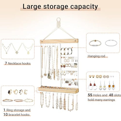 Mkono Hanging Jewelry Organizer Wall Mounted Earring Holder Metal Necklace Holder Wood Shelf with 55 Holes and 7 Hooks Display Rack For Storage Bracelet Rings Ear Studs Accessories Women Bedroom Decor