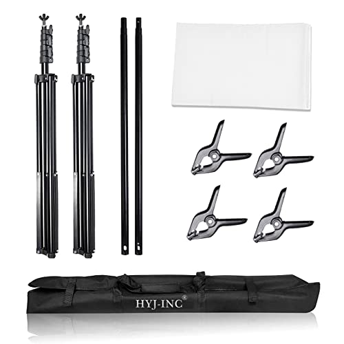 HYJ-INC Photo Background Support System with 8.5 x 10ft Backdrop Stand Kit, 100% White Cotton Muslin Backdrop,Clamp, Carry Bag for Photography Video Studio