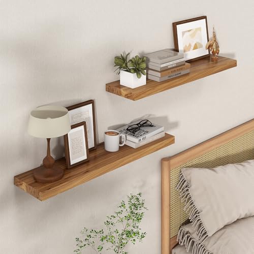 Axeman Floating Shelves for Wall, 24''W x 8'' D Rustic Solid Elm Wood Shelves for Storage, Wall Mounted Display Shelving with Invisible Heavy-Duty Metal Bracket (Natural, 2PCs) - color: Natural Elm With Flat Edge, size: 24 inches - 2P