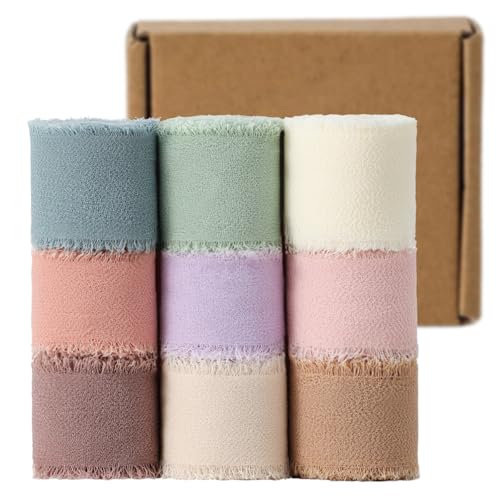 1" x 27 Yd Chiffon Ribbon Mixed Color Ribbons Set 9 Rolls Handmade Fringe Fabric for Wedding Invitations Bridal Bouquets DIY Crafts Home Decor Bow Making(9 Rolls*3Yd) - size: 1 Inch