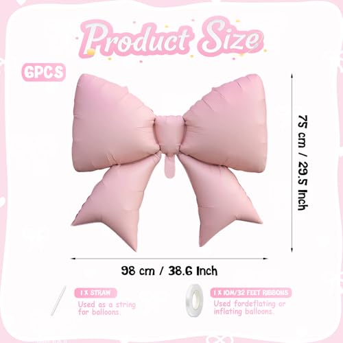 Biapian 6 Pcs Pink Bow Balloons, 38 Inch Giant Bow Foil Balloons, Elegant Pink Aluminum Balloon for Girls Women Bow Themed Birthday Bridal Baby Shower Wedding Bachelorette Princess Party Decorations - style: Pink Bow