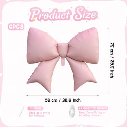 Biapian 6 Pcs Pink Bow Balloons, 38 Inch Giant Bow Foil Balloons, Elegant Pink Aluminum Balloon for Girls Women Bow Themed Birthday Bridal Baby Shower Wedding Bachelorette Princess Party Decorations - style: Pink Bow