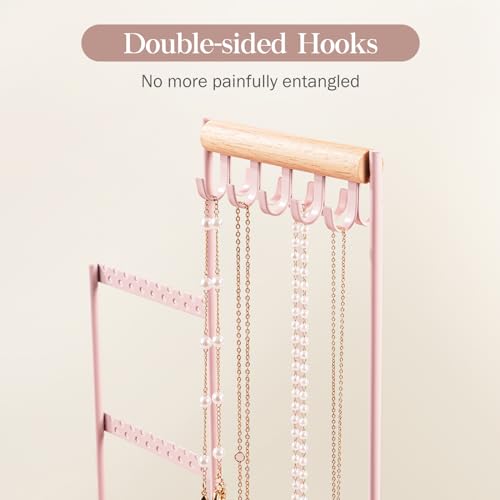 ProCase Jewelry Organizer Tower, 10 Hooks Jewelry Storage Rack Tree Holder Stand with Velvet Ring Display Tray for Necklaces Bracelets Earrings Rings Watches -Pink - color: Pink