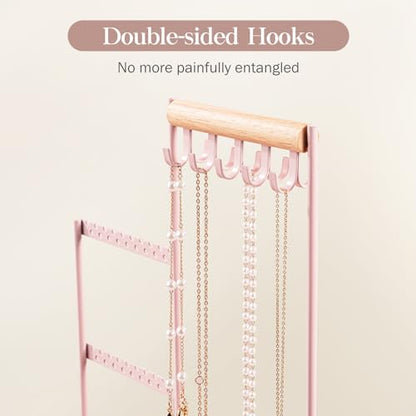 ProCase Jewelry Organizer Tower, 10 Hooks Jewelry Storage Rack Tree Holder Stand with Velvet Ring Display Tray for Necklaces Bracelets Earrings Rings Watches -Pink - color: Pink