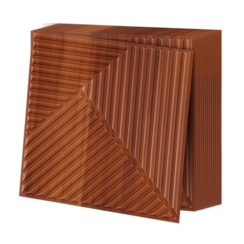 Hahafelt 20 Pack 3D Fluted Wall Panels, 12'' x 12'' Cover 20 Sq. ft, Waterproof PVC Textured Wood Grain Slat Tiles for Interior Wall Ceiling TV Background Living Room Bedroom Office Lobby Home Decor