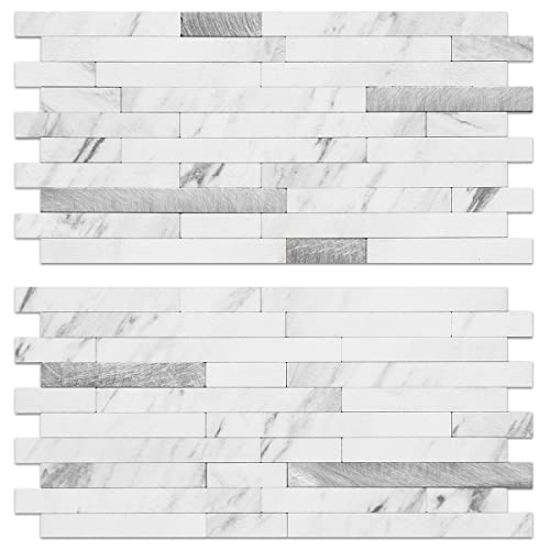 AULIGET Faux Stone Peel and Stick Backsplash, PVC Mixed Metal Wall Tiles Stick on Backsplash (2, White Marble Look) - color: Marble White + Metal Silver, size: 2 Sheets, 6"x12"x0.12"