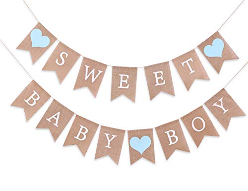 Sweet Baby Boy Burlap Banner - Rustic Baby Shower Decorations, Photo Props (Sweet Baby Boy Blue) - color: Sweet Baby Boy Blue