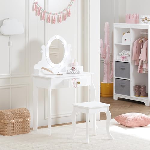 Spirich Kids Vanity, Girls Vanity Set with Mirror and Stool and Lights, Kids Vanity Table and Chair Set,Wooden Princess Makeup Desk Dressing Table - size: Round Shape With Led Blubs