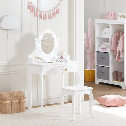 Spirich Kids Vanity, Girls Vanity Set with Mirror and Stool and Lights, Kids Vanity Table and Chair Set,Wooden Princess Makeup Desk Dressing Table - size: Round Shape With Led Blubs
