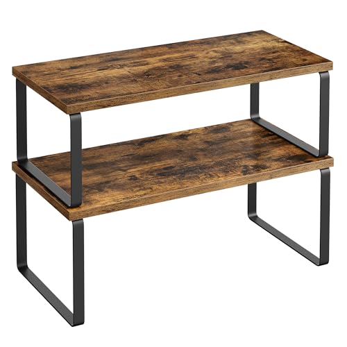 SONGMICS Cabinet Organizer Shelf, Set of 2 Kitchen Counter Shelves, Kitchen Storage, Spice Rack, Stackable, Expandable, Metal and Engineered Wood, Ink Black and Rustic Brown UKCS200X01 - color: Ink Black + Rustic Brown, size: 15.6"W
