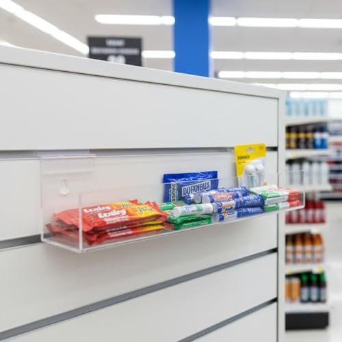 Marketing Holders 2 Pack Acrylic Slatwall J Shelf 12 Inch Wide by 2.5 Inch Deep Clear Floating Retail Product Display for Salons Boutiques and Specialty Shops