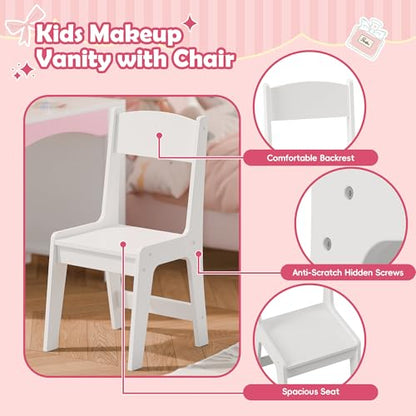 MU Kids Vanity with Lights, Princess Makeup Vanity Table and Chair Set for Girls, Toddler Vanity Desk with Open Bookshelf, Storage Cabinet & Shelves, Stools, White - color: White