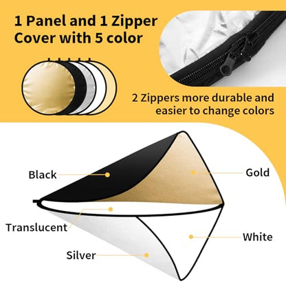 24/32/43/52in Photography Reflector, 5 in 1 Light Diffuser with Panel&Bag, Light Reflectors for Photography, Ideal for Content Creator Essentials&Photographer in Silver,Gold,White and Black - size: 43inch/110cm
