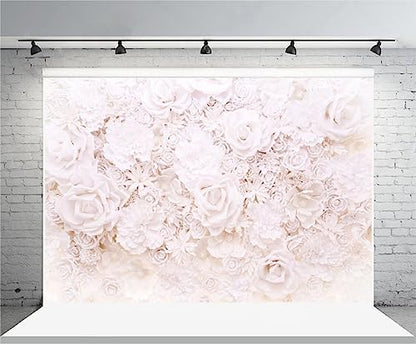 AOFOTO 7x5ft White Flowers Wall Backdrop Elegant Roses Romantic Wedding Decor Bridal Shower Photography Background Baby Girl Artistic Portrait Valentines Mother's Day Photoshoot Studio Props Wallpaper - size: 7x5ft