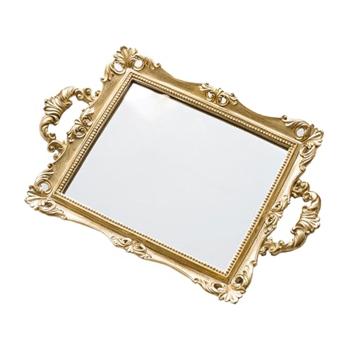 Garneck Vintage Carved Mirror Tray Gold Resin Nordic Style Decorative Storage Plate for Perfume and Cosmetics Vanity Table Display