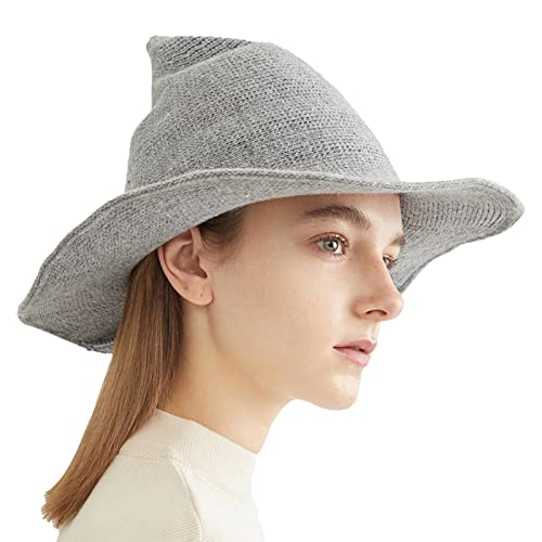 Halloween Witch Hat for Women Wide Brim Foldable Wizard Hat Wool Knit Pointed Cap Cosplay Costume Accessory - color: Light Grey