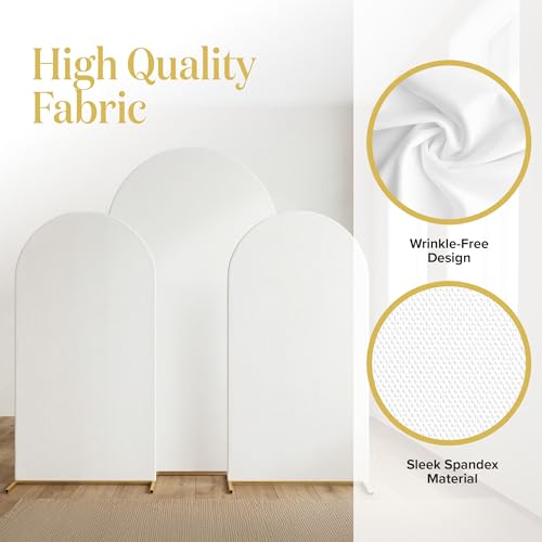 Metal Arch Backdrop Stand and Cover Set – 3 Gold Frames (7.2ft, 6ft x2) with White Wrinkle-Free Spandex Covers, Water Weights, Bags & Case – Wedding, Birthday, Baby Shower, Party Decor