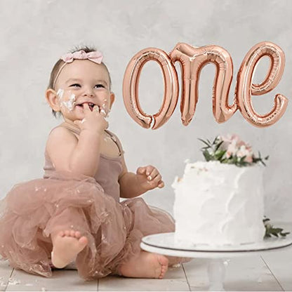 TONIFUL Rose Gold One Balloons Banner, 42*16 Inch Mylar Foil Script,Cursive Letter ONE Sign Banner Balloon Bunting Reusable Ecofriendly Material for Boys Girls Kids First Birthday One Year Old Party - color: One-rose Gold