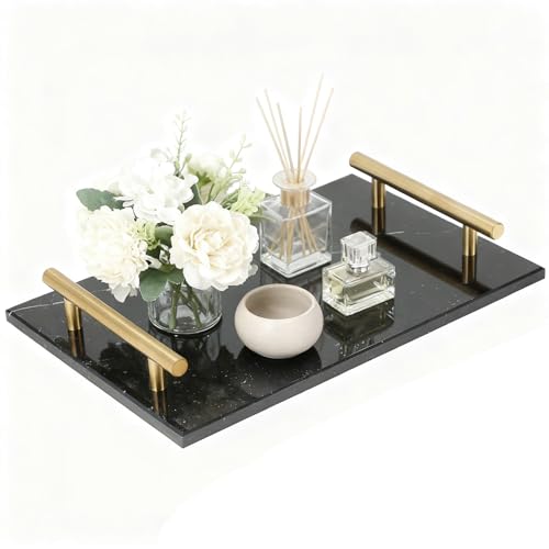 MAOPINER Marble Stone Decorative Perfume Tray with Copper Color Metal Handles, Handmade Jewellery Catchall Trinket Tray for Counter, Vanity, Dresser, Nightstand and Desk (Black) - color: Black