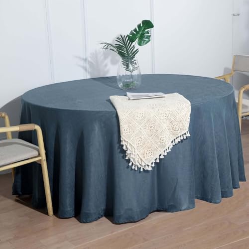 Efavormart 120" Blue Premium Faux Linen Round Tablecloth | Textured Wrinkle Free Tablecloth - color: Blue, size: 120" (Round)