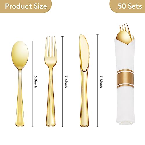 Goodluck 50 Pack Pre Rolled Gold Plastic Silverware, Wrapped Plastic Cutlery Set with Napkin Include 50 Forks, 50 Knives, 50 Spoons and 50 Napkins, Fancy Disposable Silverware for Party, Wedding - size: 50pc, style: Gold