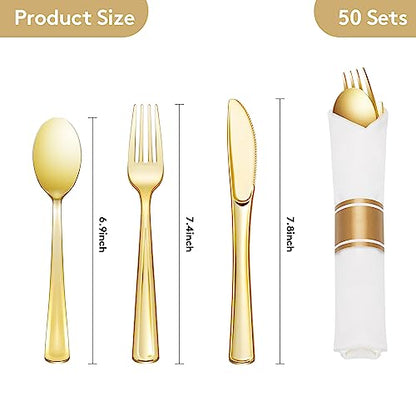 Goodluck 50 Pack Pre Rolled Gold Plastic Silverware, Wrapped Plastic Cutlery Set with Napkin Include 50 Forks, 50 Knives, 50 Spoons and 50 Napkins, Fancy Disposable Silverware for Party, Wedding - size: 50pc, style: Gold