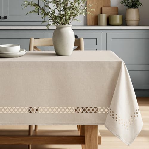 MIULEE Beige Rectangle Linen Polyester Tablecloth with Decorative Cutouts Spring Waterproof Stain Resistant & Shrink-Proof Table Cloth 60x144 inch Farmhouse Style for Dining Wedding and Outdoor - color: Beige, size: 144" x 60" (Rectangular)