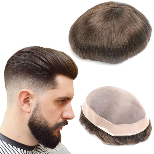 Toupee for Men Mono Lace Base European Human Hair 8x10 Hair System for Men Hair Prosthesis Replacement Unit Durable Mens Hair Piece #4Dark Brown Minimal Shedding Mens Toupee Real Hair - color: 4# brown - Mono NPU, size: 8x10 Inch