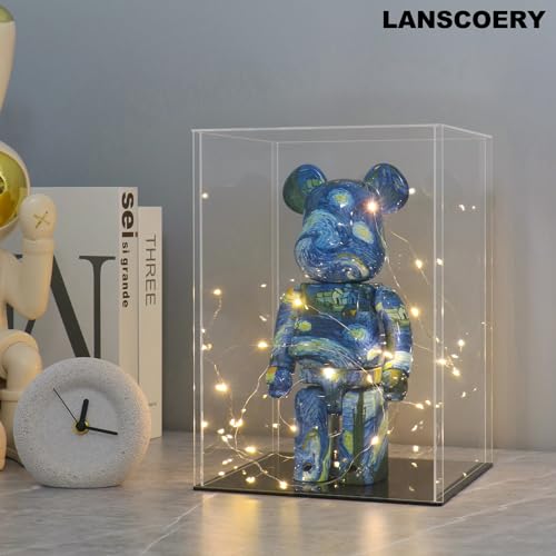 LANSCOERY Acrylic Display Case, 4x4x6 in, Upgraded Thickened UV-Resistant Showcase, 98% Clarity Dustproof Box with Glossy Black Base for Action Figures, LEGO & Models, Includes Scraper & LED Light - color: Black, size: 4x4x6inch; 10x10x15cm