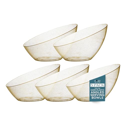 Posh Setting - Gold Plastic Serving Bowls for Party - Angled, Disposable, Chip & Candy Bowls - 54 OZ, 5 Pack - color: Gold Glitter, size: Large 54 OZ