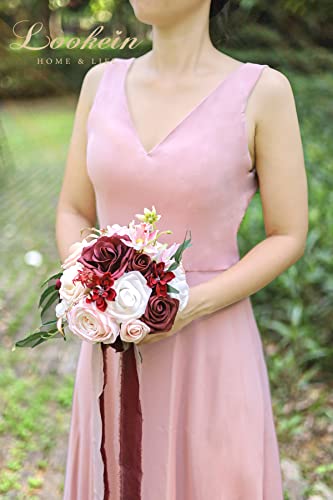 Lookein Set of 4 Bridesmaid Bouquet for Wedding 7 Inch Artificial Flowers Bouquet Wedding Bouquet Bridal Bouquet Tossing Bouquet for Wedding Ceremony Anniversary Celebration, Delicate Marsala - color: 7" Romantic Marsala